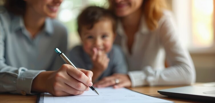 Two women, child collaborate on paperwork, possibly social services meeting for assistance support. One woman writes on document with pen. Child smiles in background. Focus on family planning,