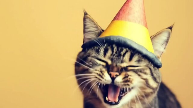 A playful domestic cat wearing a colorful party hat lets out a big, expressive meow or laugh.