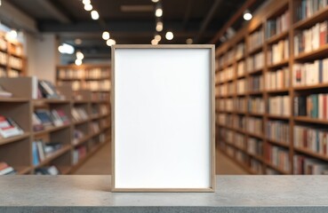Blank vertical frame mockup positioned on counter in bright bookstore. Blurred bookshelves filled with books create warm, inviting background. Clean template suitable for advertising, book launches,