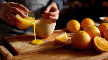 Person pouring orange juice into a bowl