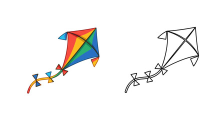 Illustration of a colorful kite with a bow tail and a black and white line drawing
