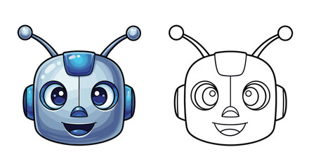 Naklejka premium Illustration of a cartoon robot head with antennae and a coloring page version next to it