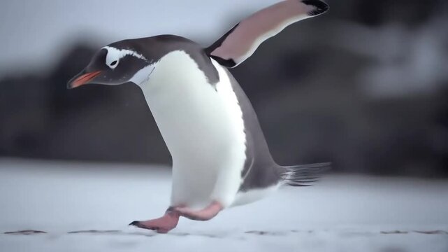 An energetic penguin bounds across a landscape, captured in a dynamic mid-air moment.