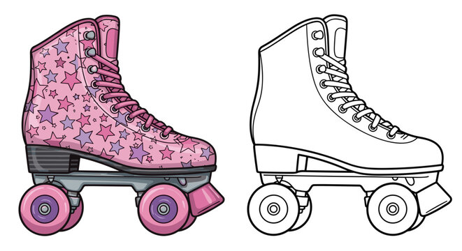 Illustration of a pair of roller skates one colored pink with stars and one outlined