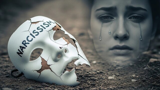 A broken mask labeled &ldquo;Narcissism&rdquo; lying on the ground, next to a crying face in the background, emotional symbolism
