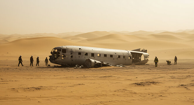 A desolate scene of a forgotten transport plane wreckage half-buried in desert sand dunes with figures exploring the crash site.
