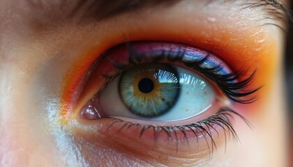 Fototapeta premium Macro shot of vibrant eye with striking green, orange eyeshadow. Detailed iris texture, long lashes, natural light enhance captivating gaze. Extreme close-up offers insight into human perception,