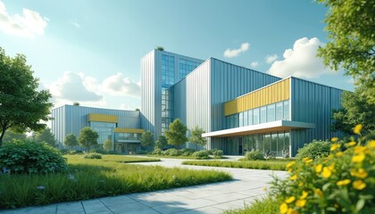 Modern industrial complex blending technology with nature. Features sleek buildings with metal siding, glass panels, surrounded by rich plants, manicured lawns. Blue skies, white clouds create bright