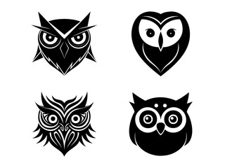 Vintage-Ink Owl Face Silhouette? Etching Style with Feather Texture Details set