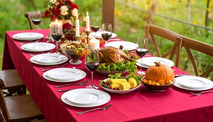 Thanksgiving feast on a red tablecloth outdoors