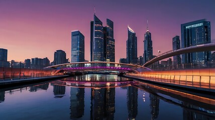 Fototapeta premium Dubai Skyline Modern Architecture at Dusk, Cityscape Reflections