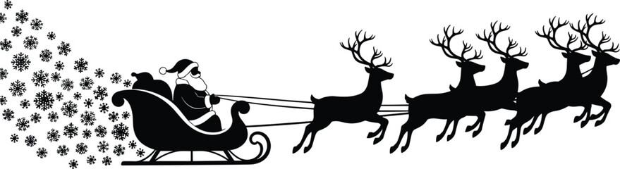 Cad drawing flat vector illustration, Santa Claus sleigh silhouette, reindeer flying graphic, Christmas night festive icon in black and white ©  Creative Crafter
