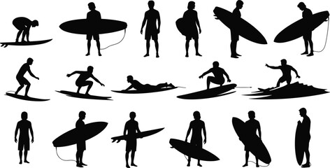 Vector Silhouette Pack of Surfers in Action — CAD Style Surfing Poses with Boards, Standing, Carrying, Riding Waves, Balance Scene