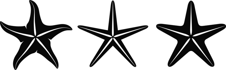 Silhouette Vector Set of Starfish in CAD Style, Marine Creature Icons with Unique Arm Shapes, Sea Life Illustration for Nature Concept