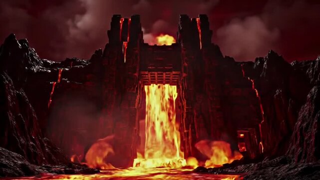 Gateway to the Underworld with a fiery lava waterfall in a volcanic hellscape
