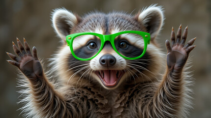 Cute Raccoon Wearing Green Glasses Raising Paws Funny Animal Portrait Playful Wildlife Wildlife Photography Animal Behavior :