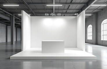 Empty white trade show booth mockup within industrial warehouse. Minimalist design features presentation counter, blank panels, perfect for event branding, marketing, corporate displays. Clean space