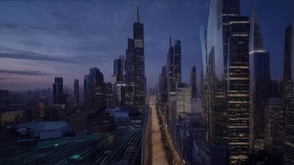 Dynamic city network visualization connects modern skyscrapers, showing global data flow and digital transformation. - Powered by Adobe