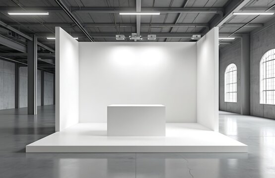 Empty white trade show booth mockup within industrial warehouse. Minimalist design features presentation counter, blank panels, perfect for event branding, marketing, corporate displays. Clean space