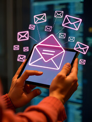 Email spam alert concept with person interacting with tablet screen.