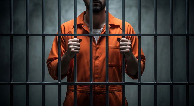 Man in orange jumpsuit behind prison bars