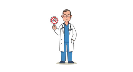 Cartoon doctor holding a no smoking sign, promoting health awareness.