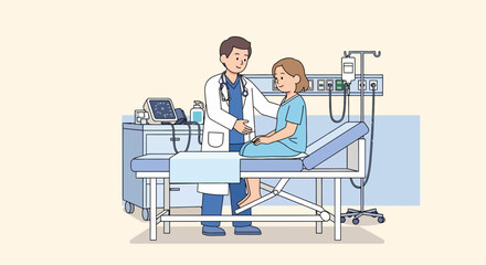 Doctor compassionately examines young patient in hospital room.