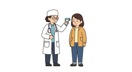 A doctor wearing a white coat and cap takes a patient's temperature with a digital thermometer. The patient stands calmly during the checkup.
