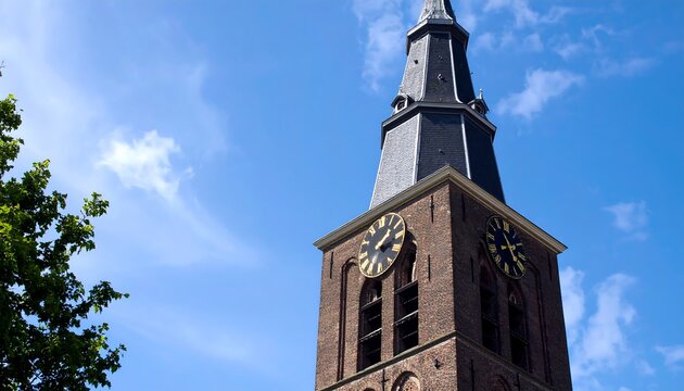 Low angle view of a church steeple, dark brick, pointed,  clock face,  clear sky,  white clouds