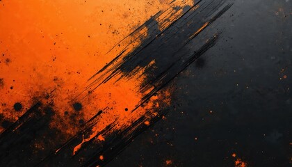 Abstract illustration features bold orange, black grunge texture with diagonal brush strokes, splatters. Energetic design with weathered, distressed elements creates dynamic, modern graphic look.