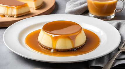 Delicious Caramel Flan Dessert on a White Plate