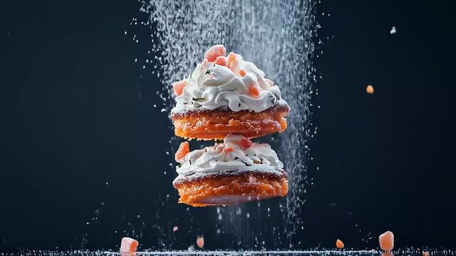 Sweet orange cakes with whipped cream and fruit pieces levitate while powdered sugar sprinkles.