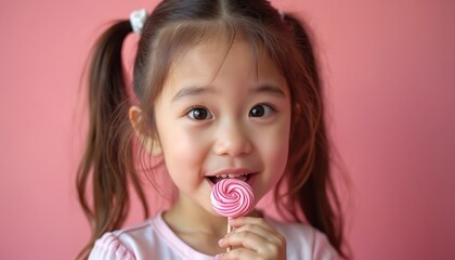 Young girl with pigtails enjoys pink and white swirl lollipop. Studio shot on solid pink backdrop. Captures childhood joy and innocence. Sweet treat for happy toddler, showcasing delightful moment.