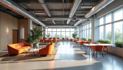 Bright, contemporary open-plan office with flexible seating high tables, lounge chairs, collaborative tables. Industrial design with exposed ducts. Ample natural light from large windows, promoting