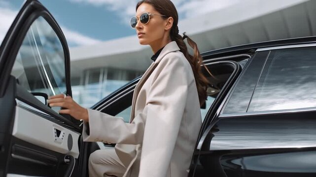 Stylish man stepping out of black car in front of modern glass building under clear sky, cinematic urban scene