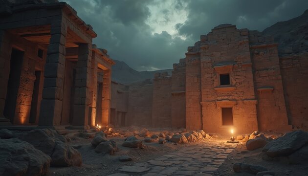 Ancient Mesopotamian ruins at dusk, featuring stone structures with arched doorways and windows. Lit by flickering lamps, this archaeological site evokes lost civilizations and historical mysteries.