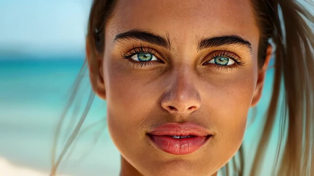 Azure Gaze: A captivating headshot captures the enchanting visage of a woman, her mesmerizing azure eyes sparkling amidst a sun-kissed complexion, set against the backdrop of a breezy seaside horizon.