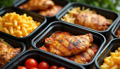 Healthy meal portions featuring grilled chicken with sides like mac, cheese fries, served in black takeaway containers. Ideal for convenient lunches, dinners, parties, events. Offers balanced