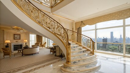 A luxurious interior with a grand staircase, marble floors, and a stunning city skyline view