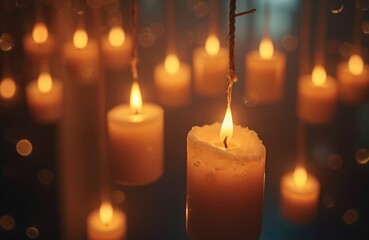 Warm glowing candles suspended in dark ambient space, creating magical, romantic atmosphere with flickering flames, soft golden light. Illuminated decorations offer serene, festive mood, perfect for