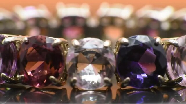Close up of a bracelet with multiple square cut gemstones in varying shades of purple and green