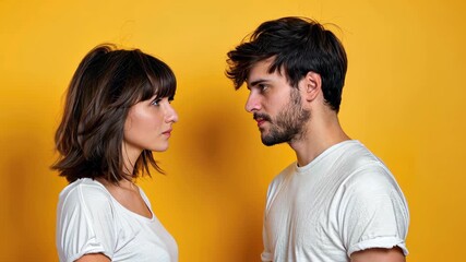 Confrontation in Contrast: A male and female face each other in a tense stare down. Against a vibrant yellow backdrop, the drama unfolds through emotion. 