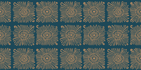Vector luxury floral seamless pattern in art deco style. Elegant geometric background with stylized flowers, radial motifs, sunburst elements. Golden and teal texture. Repeated decorative design