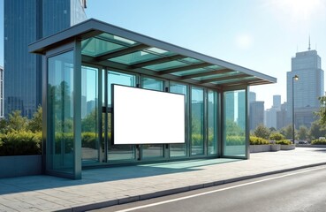 Fototapeta premium Modern glass bus shelter with large blank billboard display. Urban city street scene with bus stop structure, clear sky, and buildings in background. Sunlight illuminates sidewalk and road.