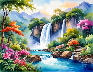 Lush waterfall cascading through vibrant garden landscape