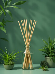 Bamboo sticks for aromatization of the house on a green background. Home freshener and green plants, vertical photo