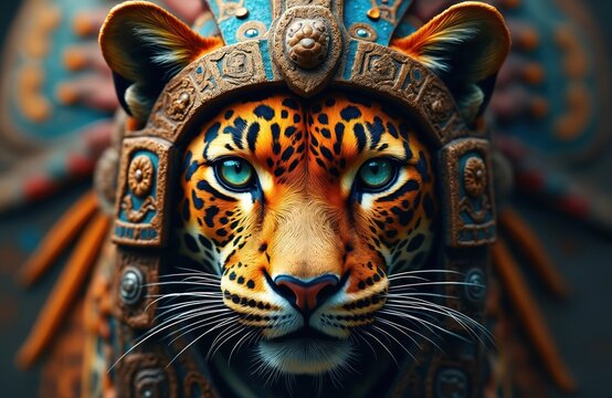 Majestic jaguar face adorned with intricate Aztec-inspired headdress. Rusty textures, vibrant colors highlight digital artwork. Features detailed feathers, cultural patterns, ancient Mexican heritage.
