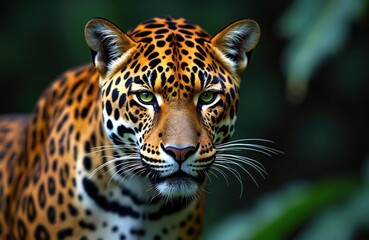 Obraz premium Jaguar portrait captures striking feline beauty. Large cat with orange, yellow, black spotted fur. Green eyes gaze intensely. Wildlife carnivore from South American rainforests, Amazon basin, Brazil.