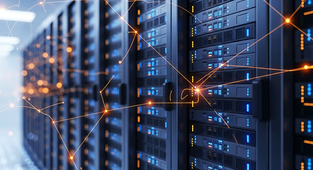 Modern server room with glowing network connections and data flow
