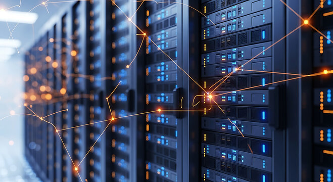Modern server room with glowing network connections and data flow